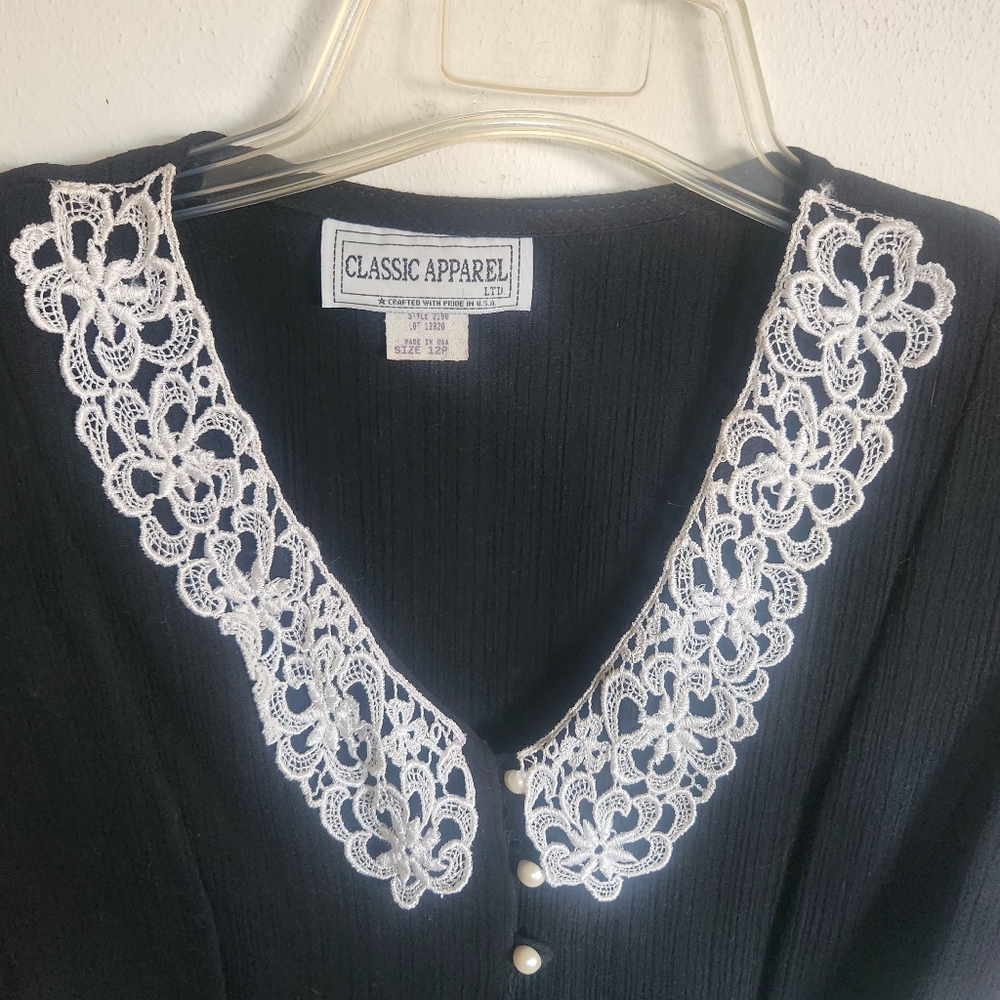 Vintage Black Dress with White Lace Detail